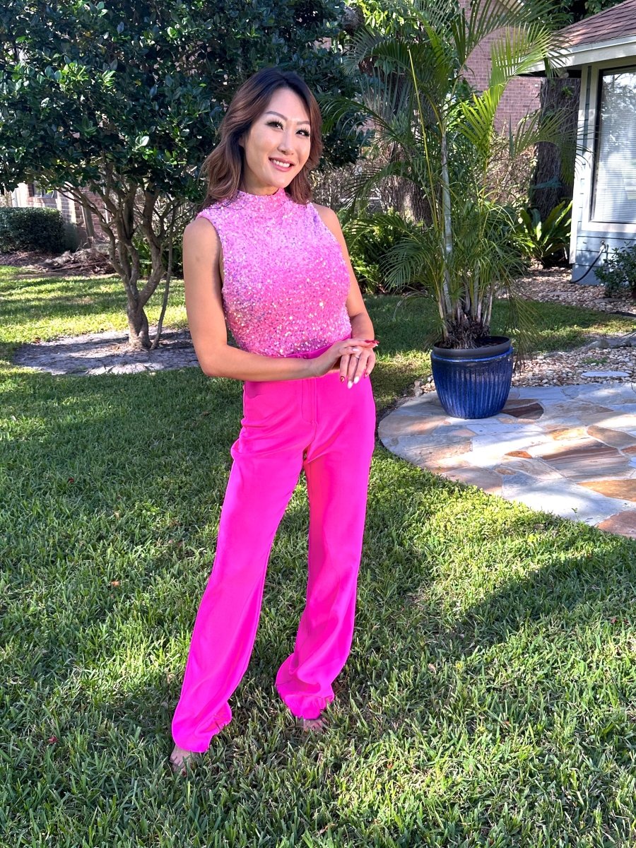 ShopJenny Boutique model is pictured wearing Stella Work Trouser Pant - Hot Pink made by STYLE USA.