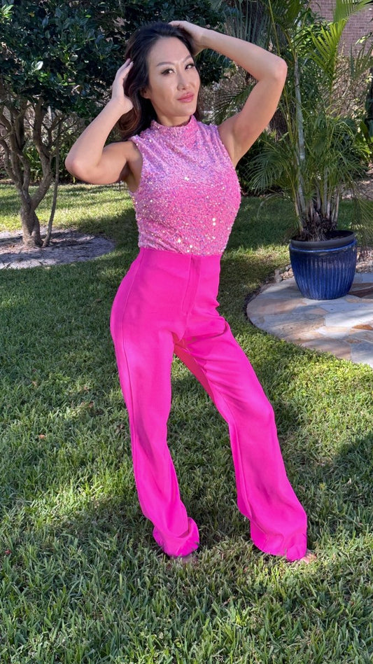 ShopJenny Boutique model is pictured wearing Stella Work Trouser Pant - Hot Pink made by STYLE USA.